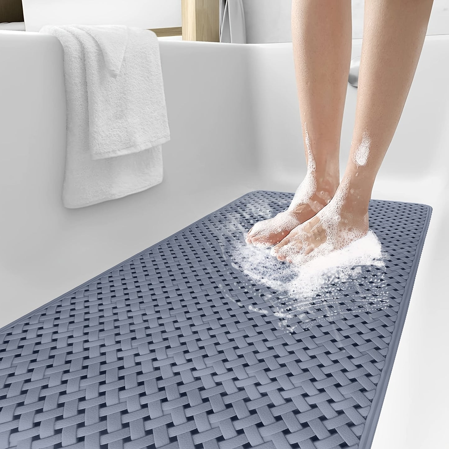 1pc Bathtub Non-slip Mat, Woven Style Solid Color Bath Rug, Bathtub Mats With Suction Cup, Shower Carpet For Home Bathroom, Bathroom Accessories