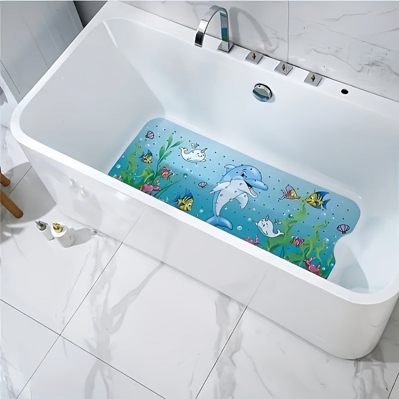 1pc Cartoon Undersea World Bathtub Mat, Dolphin Print Bathroom Anti-skid Mat, Large Non-Slip Bath & Shower Mat With Drainage Holes, Bathroom Supplies, Home Supplies