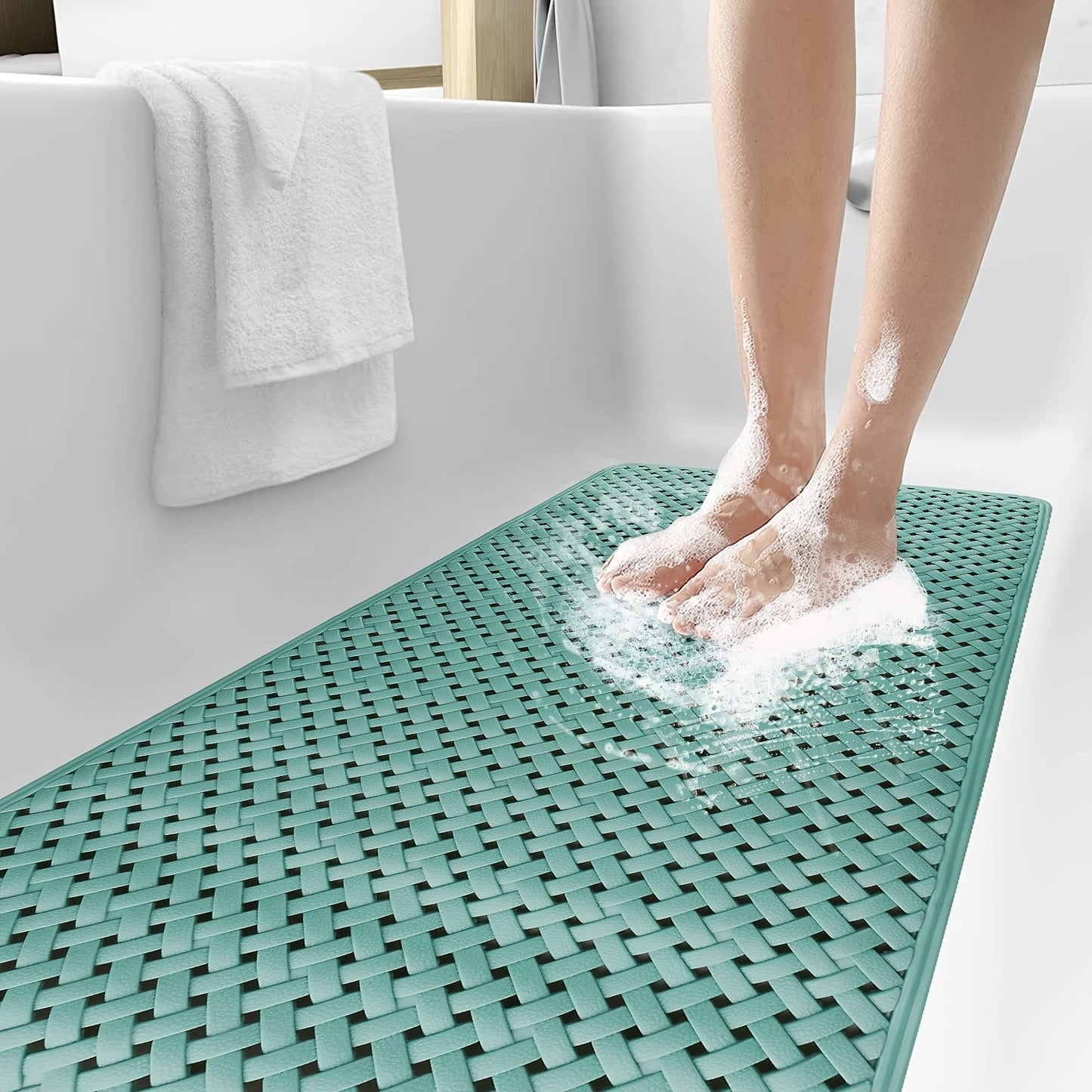 1pc Bathtub Non-slip Mat, Woven Style Solid Color Bath Rug, Bathtub Mats With Suction Cup, Shower Carpet For Home Bathroom, Bathroom Accessories