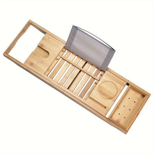 1pc Stretchable Bamboo Bathtub And Bath Storage Rack, Equipped With Storage Space, Books, Wine, Tablet, Phone Holder, Stylishly Organize Your Bathroom Essentials